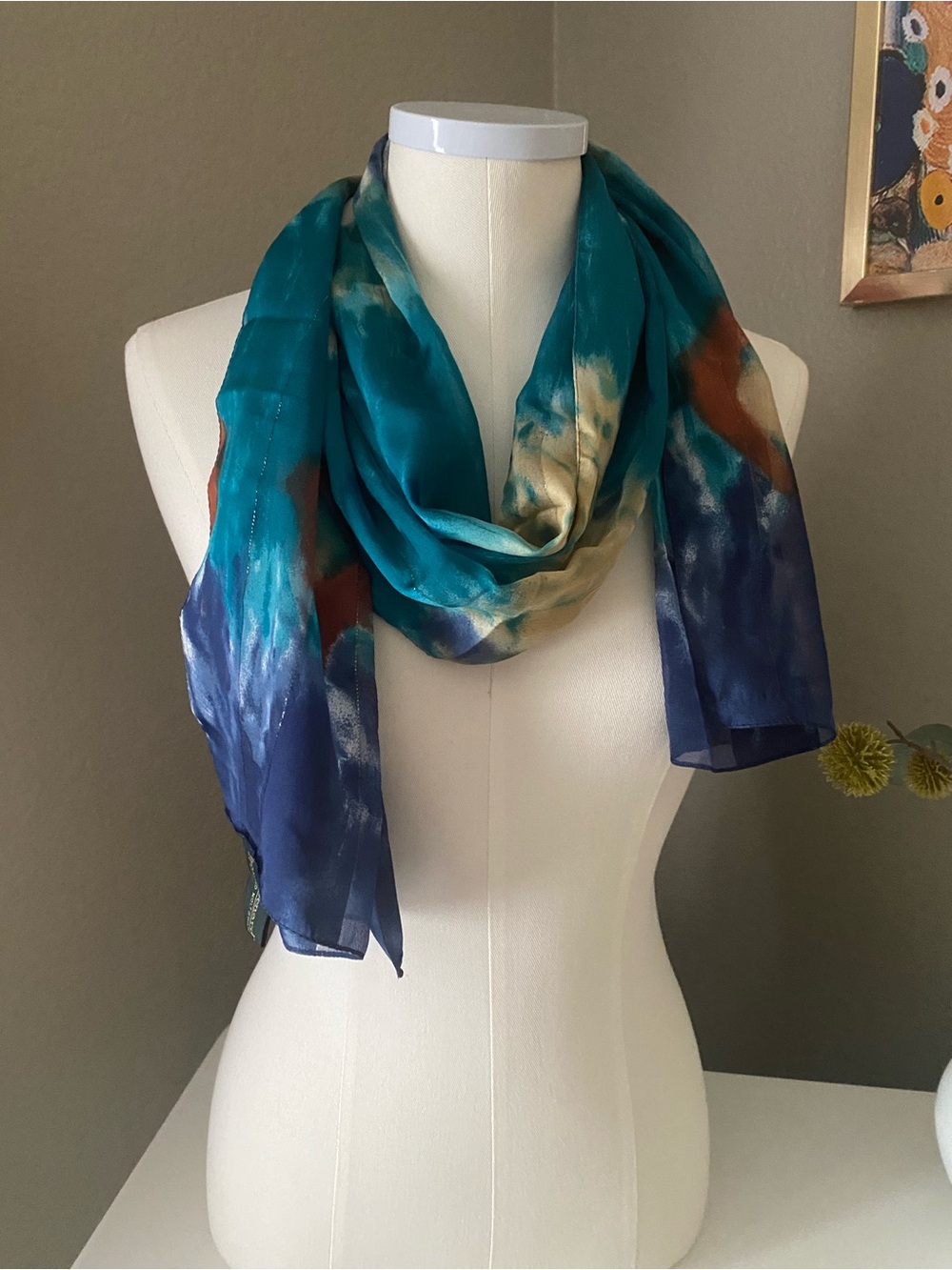Harve Benard Teal, Navy & Rust Watercolor Oblong Scarf